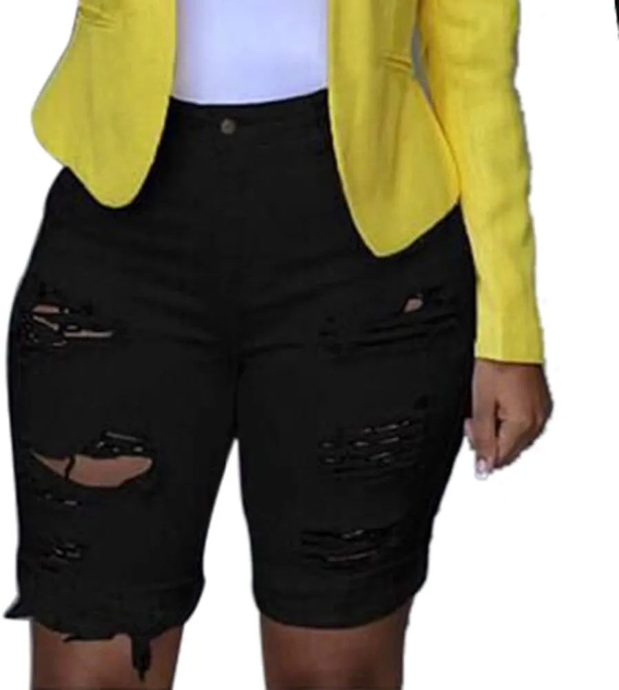 Womens Ripped Denim Shorts Frayed Raw Hem Shorts Skinny Stretchy Jeans Shorts Straight Leg Short Jeans for Ladies