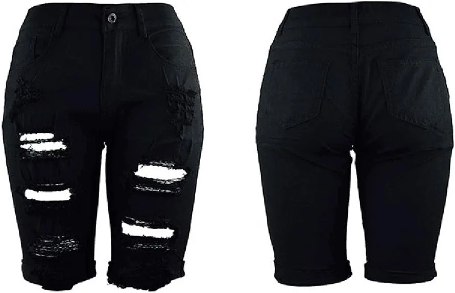 Womens Ripped Denim Shorts Frayed Raw Hem Shorts Skinny Stretchy Jeans Shorts Straight Leg Short Jeans for Ladies