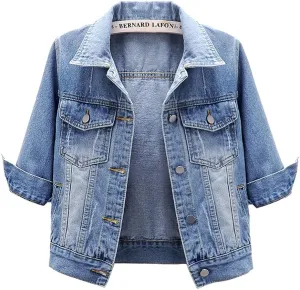 Women's Short Denim Jacket Round Neck Denim Three Quarter Sleeves Light Blue Jacket