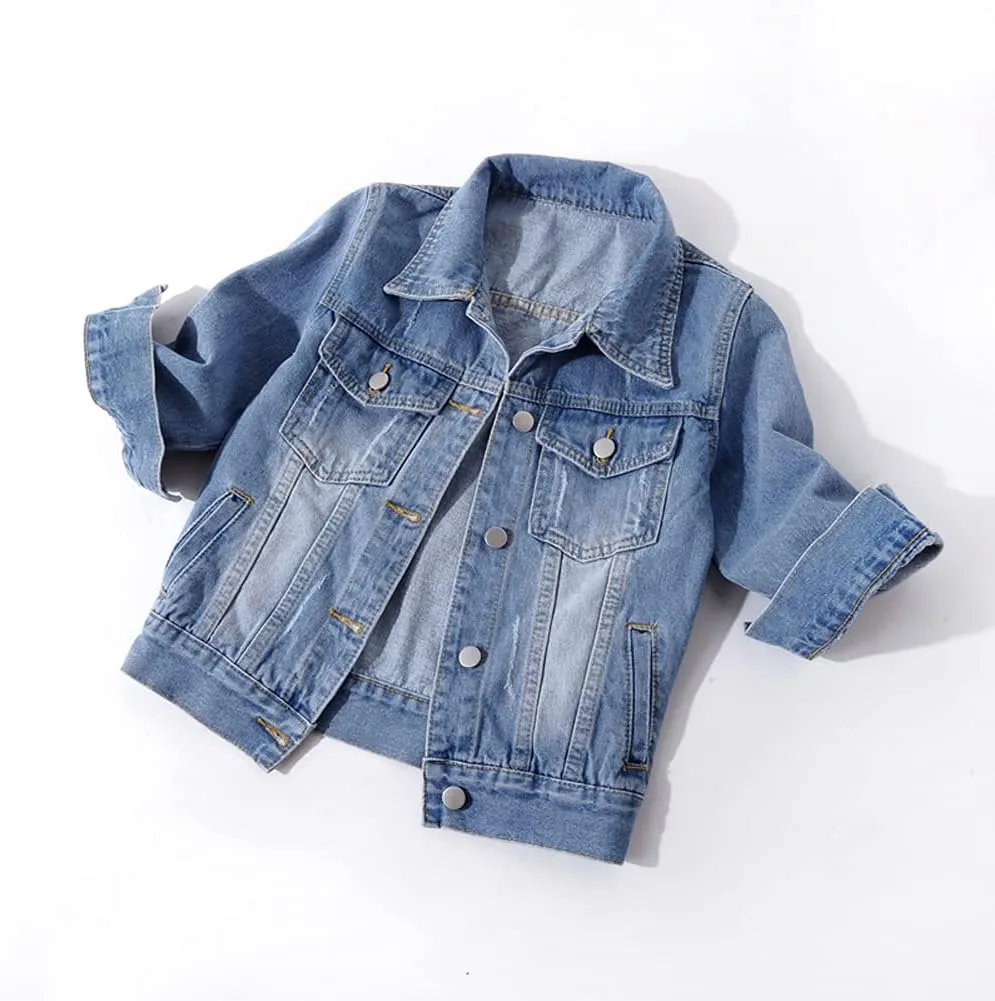 Women's Short Denim Jacket Round Neck Denim Three Quarter Sleeves Light Blue Jacket