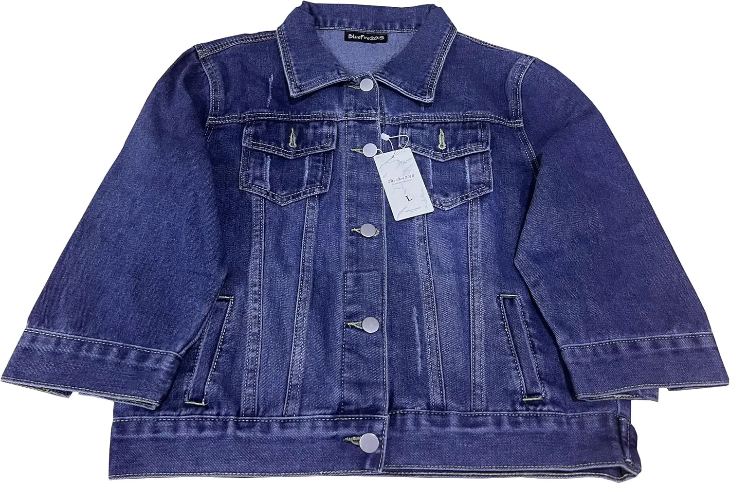 Women's Short Denim Jacket Round Neck Denim Three Quarter Sleeves Light Blue Jacket