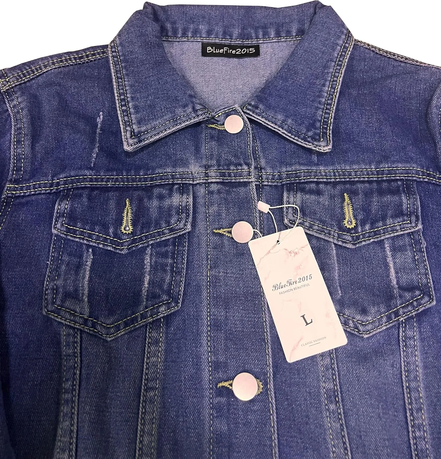 Women's Short Denim Jacket Round Neck Denim Three Quarter Sleeves Light Blue Jacket