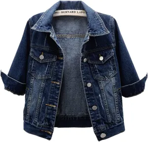 Women's Short Denim Jacket Round Neck Denim Three Quarter Sleeves Light Blue Jacket