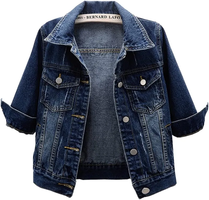 Women's Short Denim Jacket Round Neck Denim Three Quarter Sleeves Light Blue Jacket