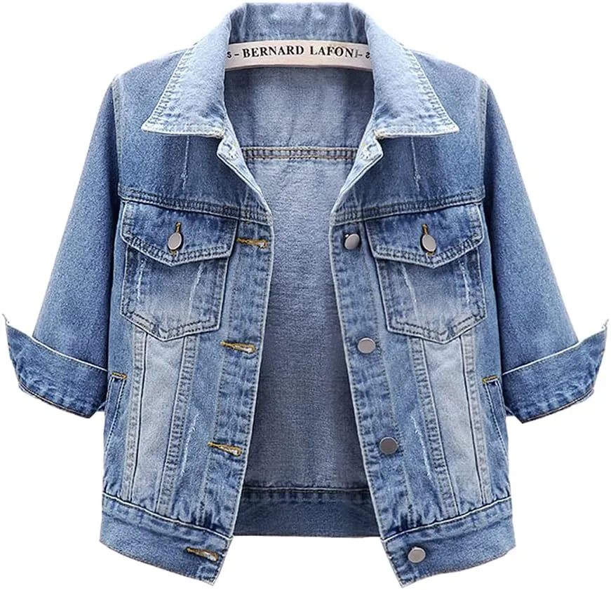 Women's Short Denim Jacket Round Neck Denim Three Quarter Sleeves Light Blue Jacket