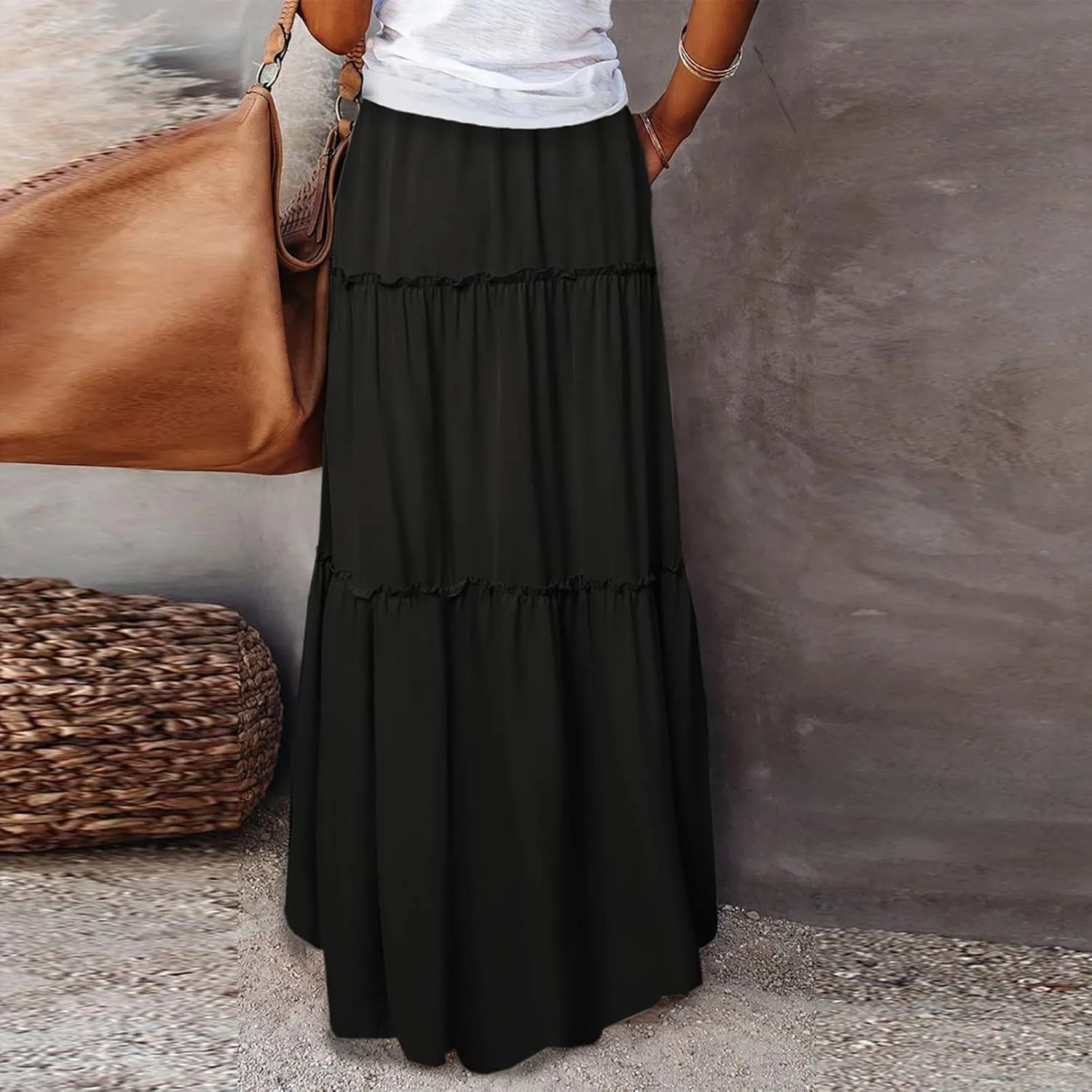 Womens Skirts Summer Flowy Maxi Skirt Drawstring High Waisted Ruffle Tiered A-Line Skirts Y2K Skirt Long with Pockets