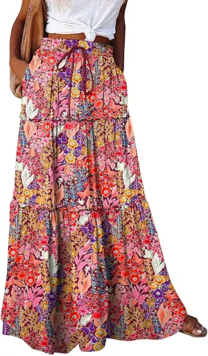 Womens Skirts Summer Flowy Maxi Skirt Drawstring High Waisted Ruffle Tiered A-Line Skirts Y2K Skirt Long with Pockets