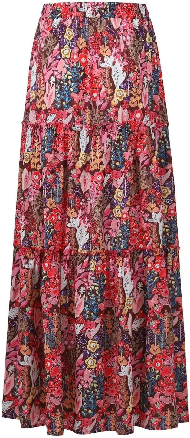Womens Skirts Summer Flowy Maxi Skirt Drawstring High Waisted Ruffle Tiered A-Line Skirts Y2K Skirt Long with Pockets