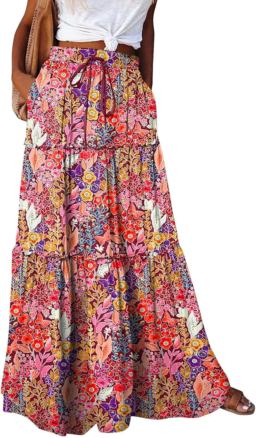 Womens Skirts Summer Flowy Maxi Skirt Drawstring High Waisted Ruffle Tiered A-Line Skirts Y2K Skirt Long with Pockets