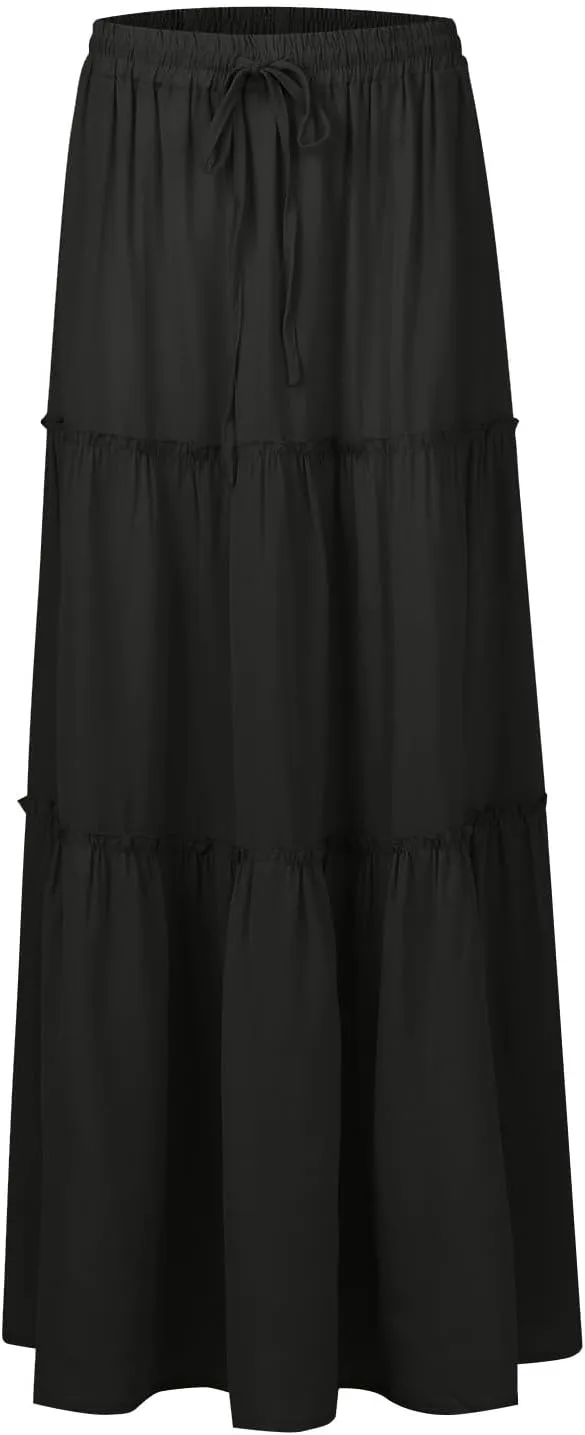 Womens Skirts Summer Flowy Maxi Skirt Drawstring High Waisted Ruffle Tiered A-Line Skirts Y2K Skirt Long with Pockets