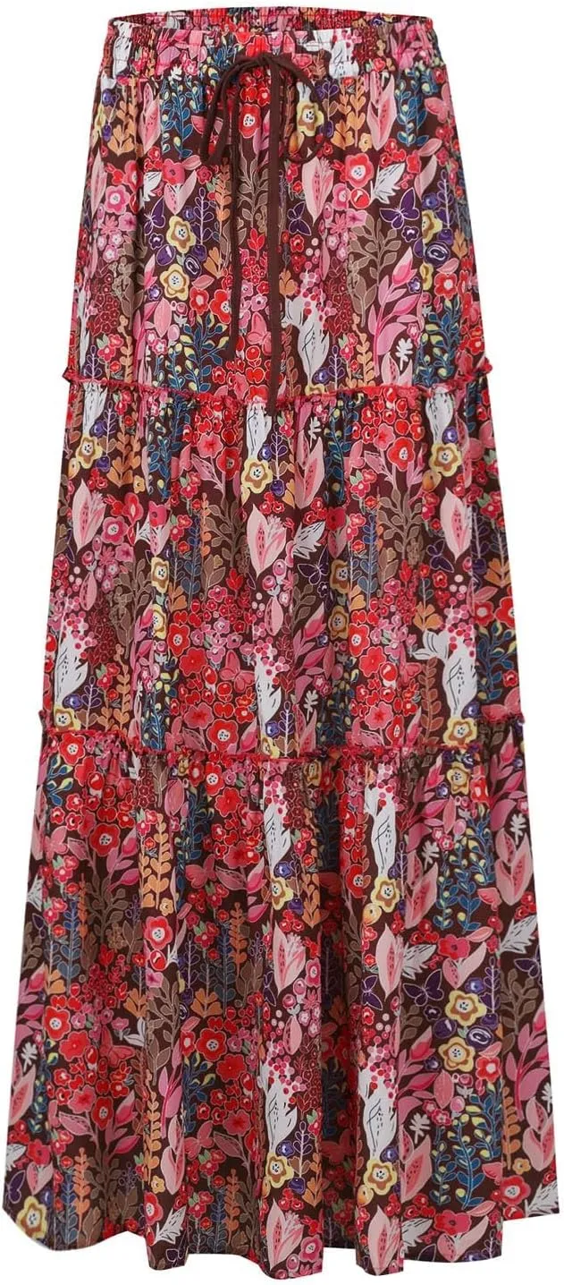 Womens Skirts Summer Flowy Maxi Skirt Drawstring High Waisted Ruffle Tiered A-Line Skirts Y2K Skirt Long with Pockets