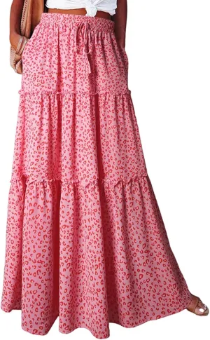 Womens Skirts Summer Flowy Maxi Skirt Drawstring High Waisted Ruffle Tiered A-Line Skirts Y2K Skirt Long with Pockets
