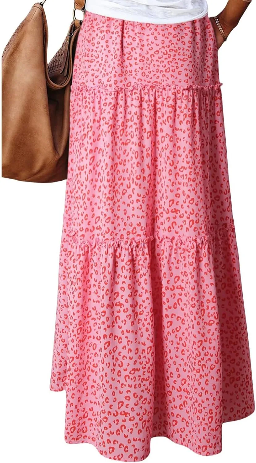 Womens Skirts Summer Flowy Maxi Skirt Drawstring High Waisted Ruffle Tiered A-Line Skirts Y2K Skirt Long with Pockets