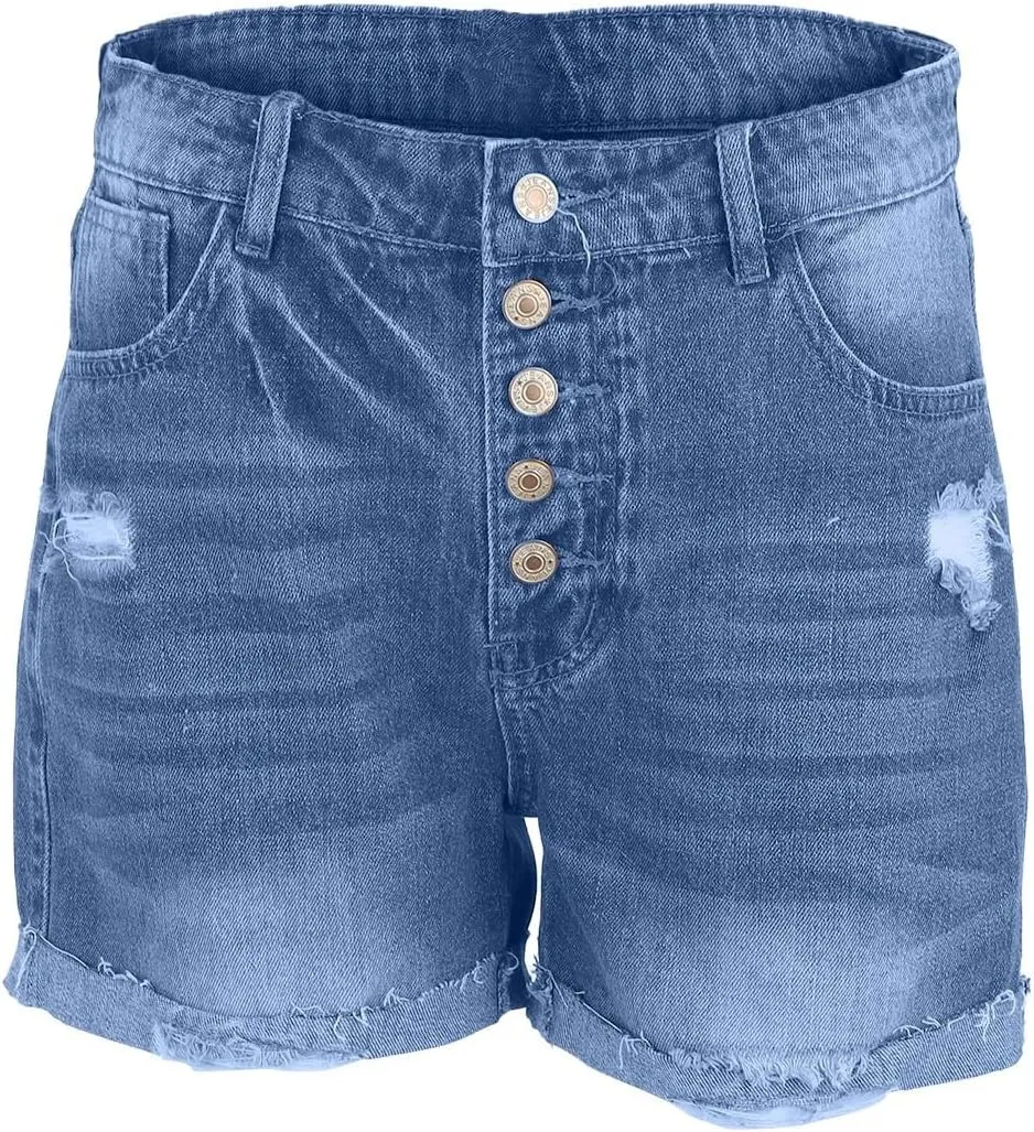 Womens Split Hem High Waist Denim Skorts Skirt Shorts Button Ripped Jeans Skort Fringed Distressed Denim Mini Pant