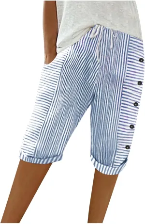 Womens Stripe Print Shorts Summer Knee-Length Casual Bermuda Shorts Lounge Shorts Elastic Waist Side Button Shorts