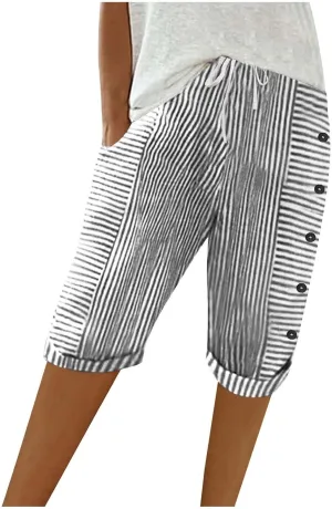 Womens Stripe Print Shorts Summer Knee-Length Casual Bermuda Shorts Lounge Shorts Elastic Waist Side Button Shorts