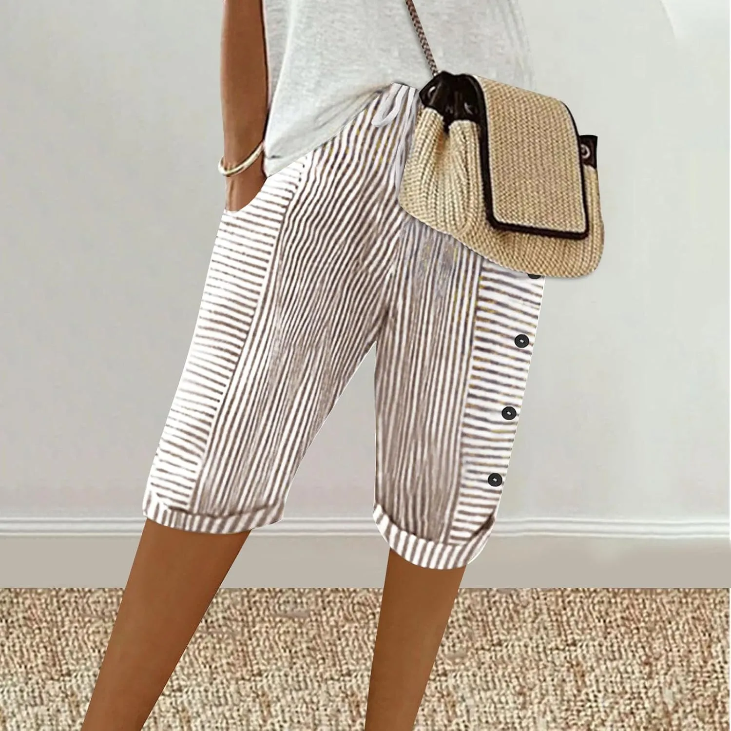 Womens Stripe Print Shorts Summer Knee-Length Casual Bermuda Shorts Lounge Shorts Elastic Waist Side Button Shorts