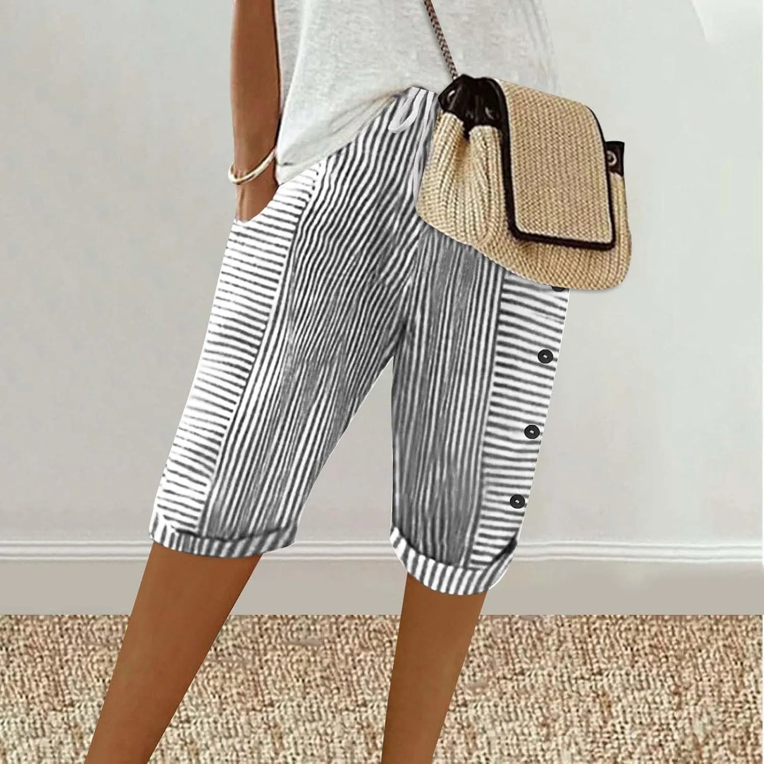 Womens Stripe Print Shorts Summer Knee-Length Casual Bermuda Shorts Lounge Shorts Elastic Waist Side Button Shorts