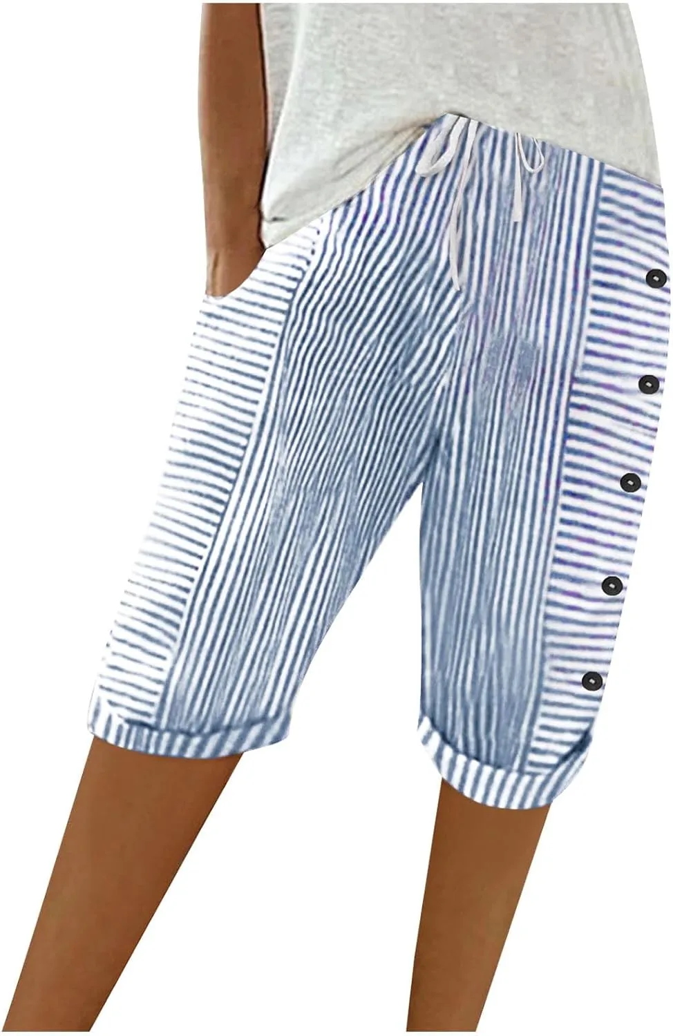Womens Stripe Print Shorts Summer Knee-Length Casual Bermuda Shorts Lounge Shorts Elastic Waist Side Button Shorts