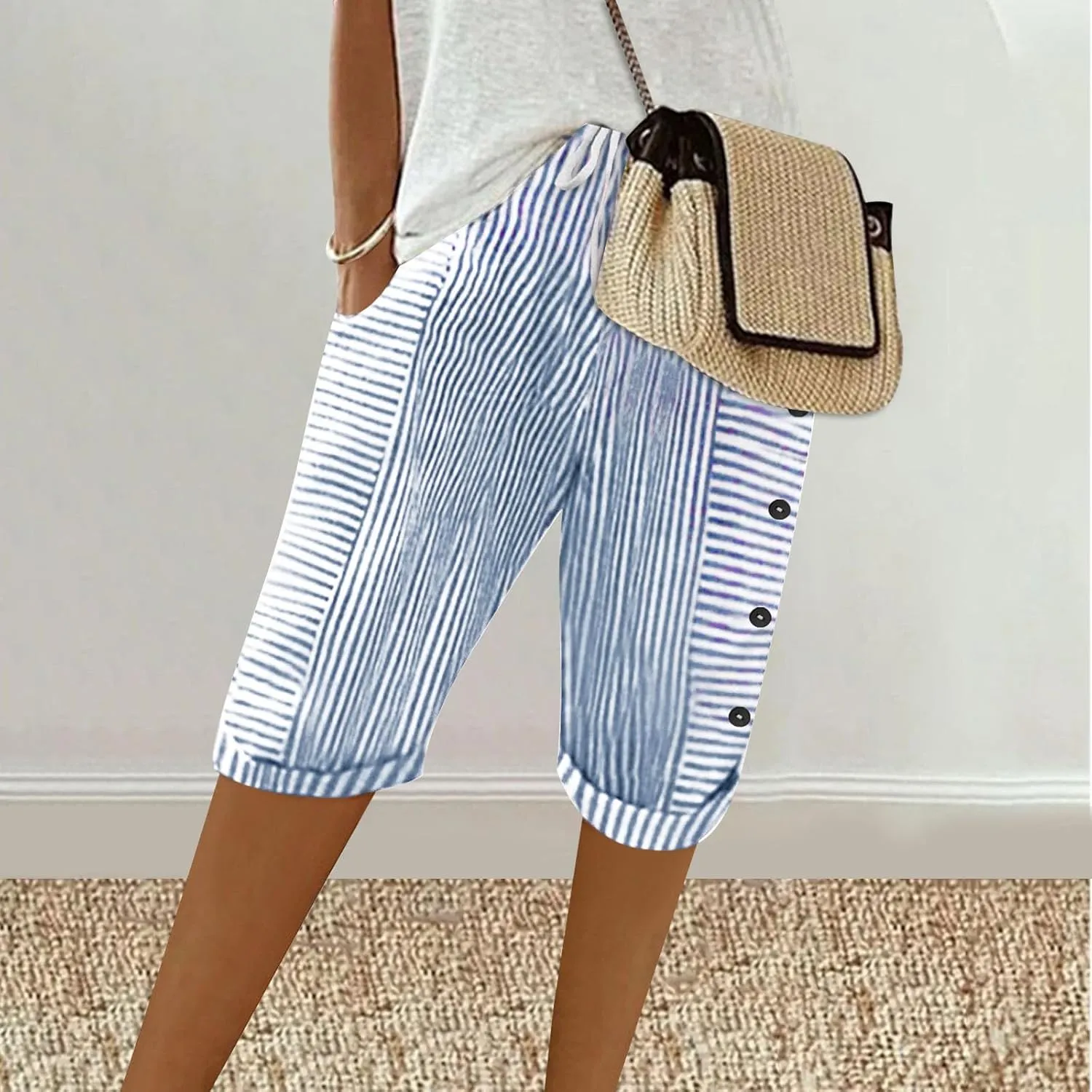Womens Stripe Print Shorts Summer Knee-Length Casual Bermuda Shorts Lounge Shorts Elastic Waist Side Button Shorts