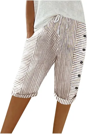 Womens Stripe Print Shorts Summer Knee-Length Casual Bermuda Shorts Lounge Shorts Elastic Waist Side Button Shorts