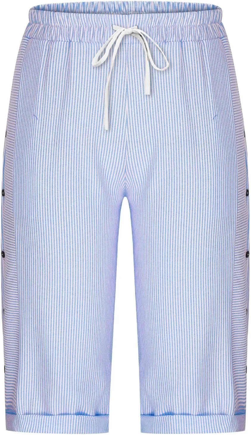 Womens Stripe Print Shorts Summer Knee-Length Casual Bermuda Shorts Lounge Shorts Elastic Waist Side Button Shorts