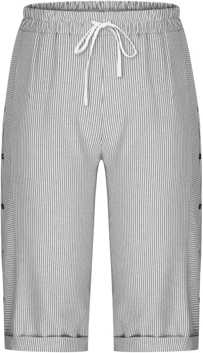 Womens Stripe Print Shorts Summer Knee-Length Casual Bermuda Shorts Lounge Shorts Elastic Waist Side Button Shorts