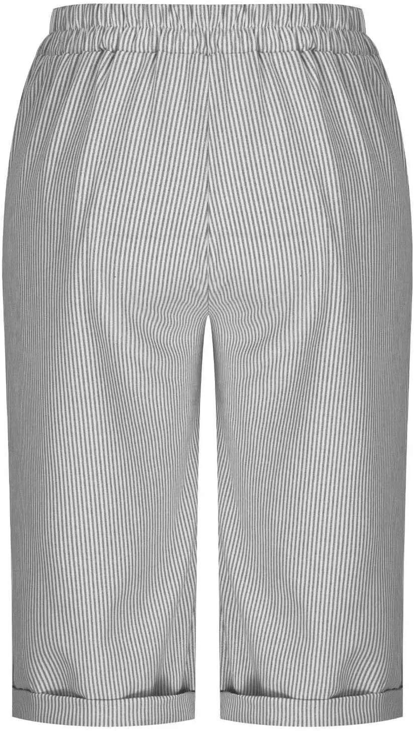 Womens Stripe Print Shorts Summer Knee-Length Casual Bermuda Shorts Lounge Shorts Elastic Waist Side Button Shorts