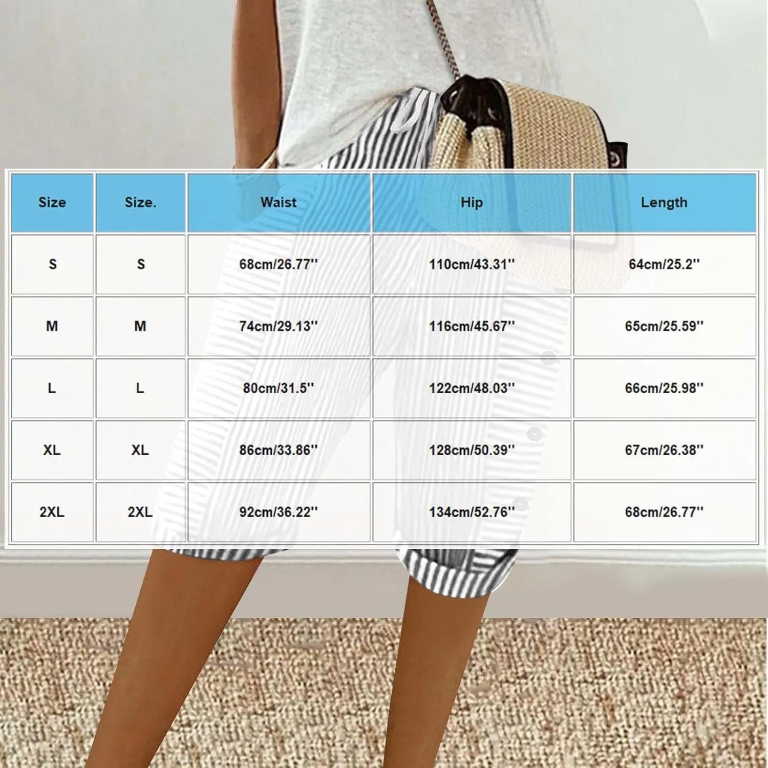 Womens Stripe Print Shorts Summer Knee-Length Casual Bermuda Shorts Lounge Shorts Elastic Waist Side Button Shorts