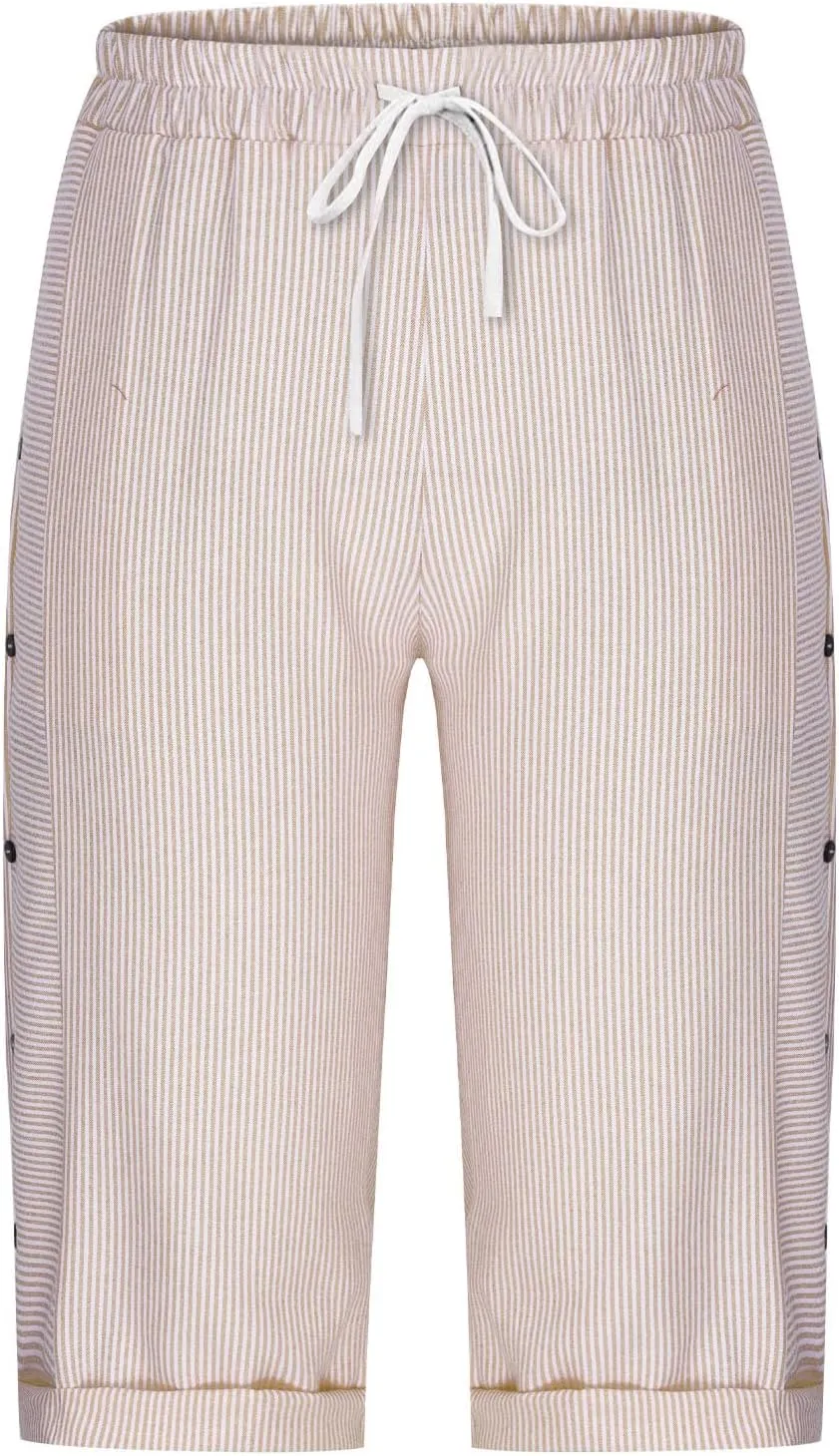 Womens Stripe Print Shorts Summer Knee-Length Casual Bermuda Shorts Lounge Shorts Elastic Waist Side Button Shorts