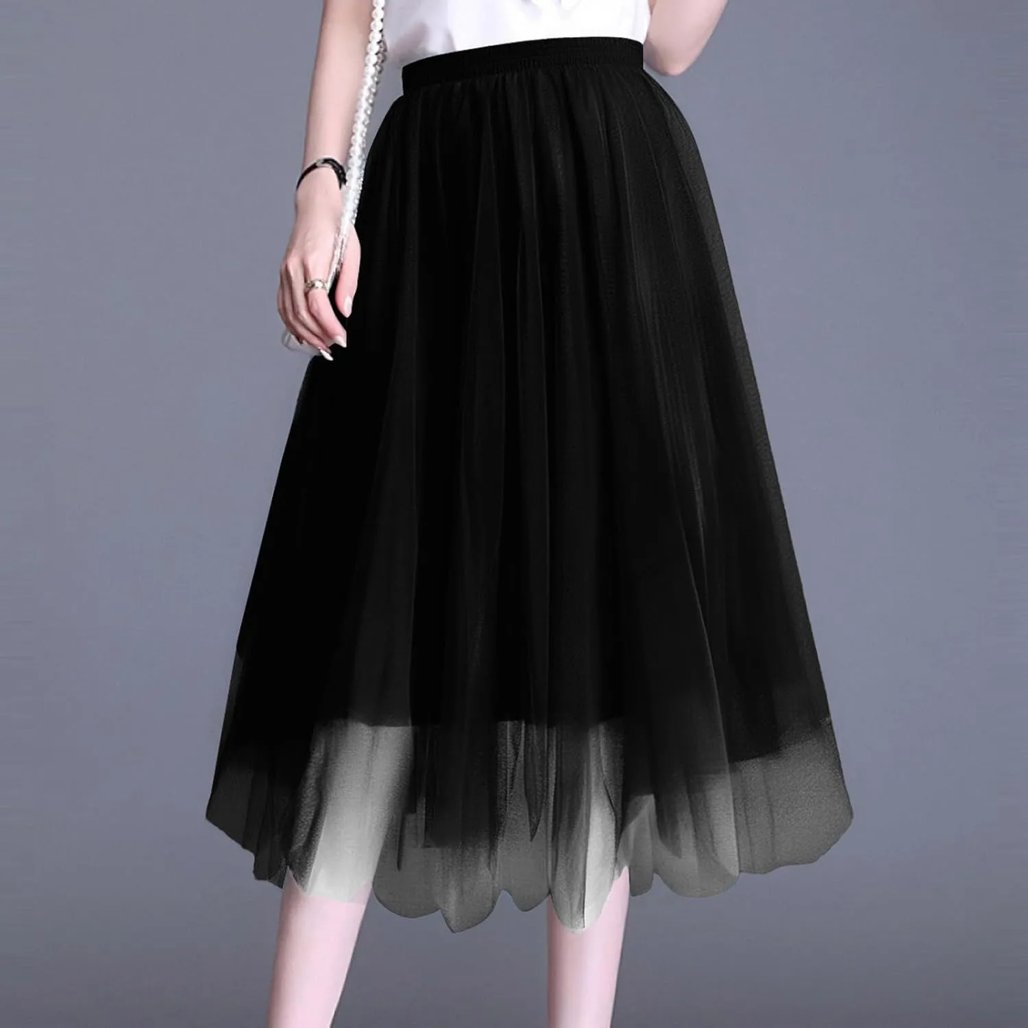 Women's Summer Casual Loose Trendy Elastic High Waist Solid Long Maxi Party Dance Fluffy Mesh Tulle Skirts
