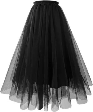 Women's Summer Casual Loose Trendy Elastic High Waist Solid Long Maxi Party Dance Fluffy Mesh Tulle Skirts
