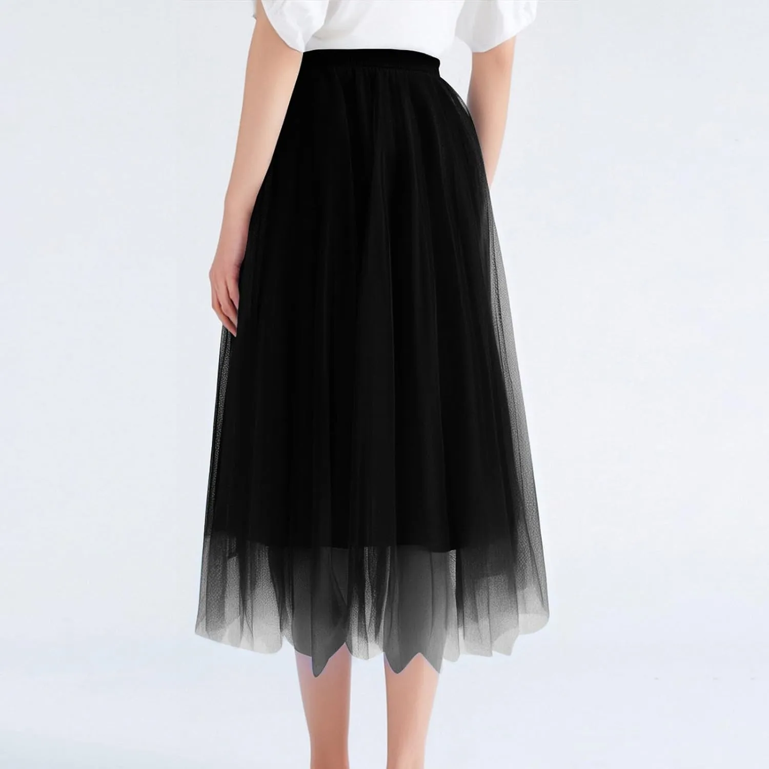 Women's Summer Casual Loose Trendy Elastic High Waist Solid Long Maxi Party Dance Fluffy Mesh Tulle Skirts