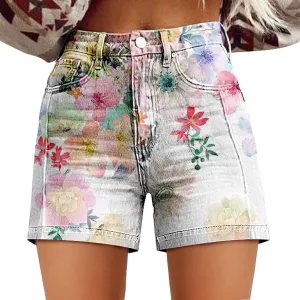 Women's Summer Denim Shorts Mid Waisted Stretchy Casual ArtRetro Printed Floral Workout Outfits Jean with Pockets