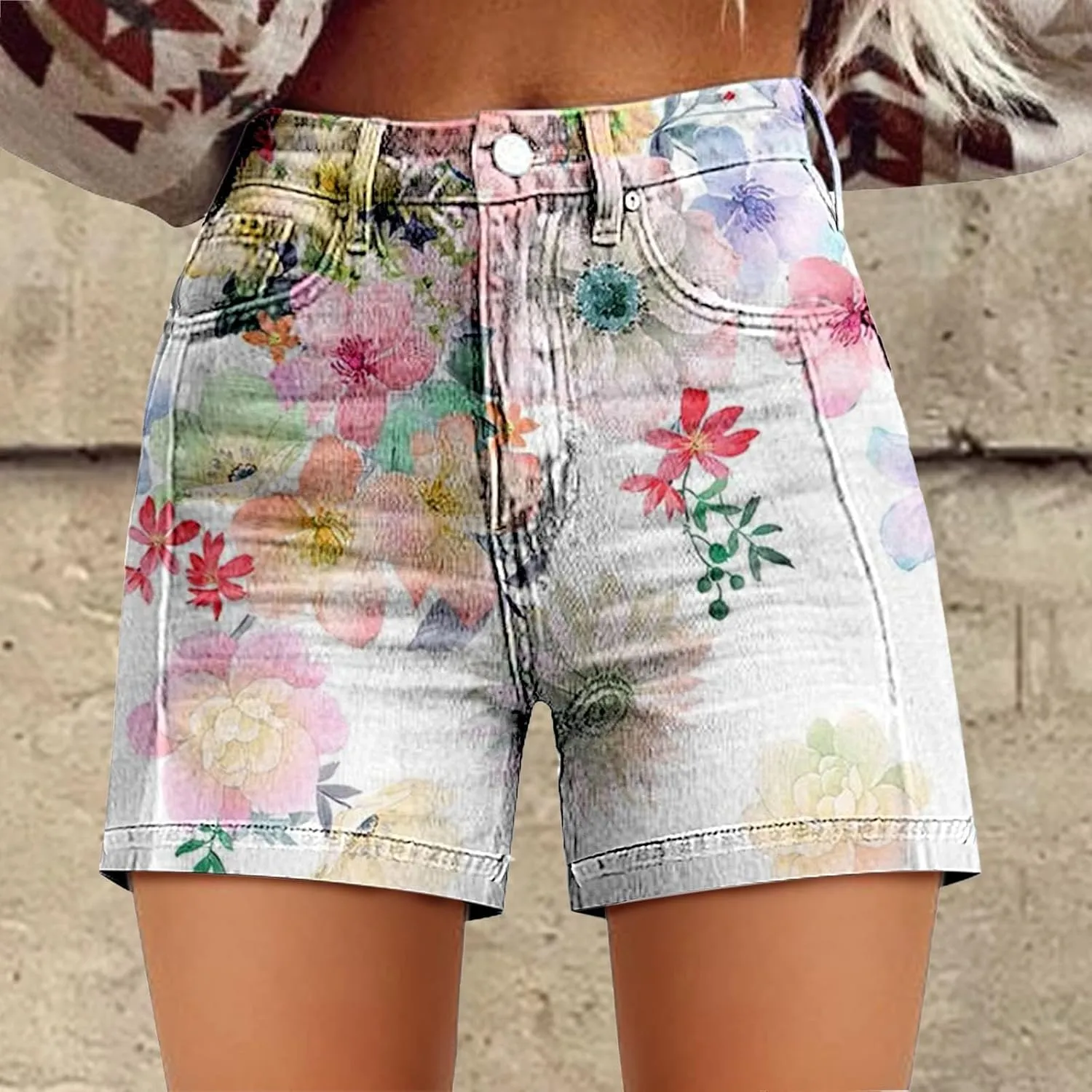 Women's Summer Denim Shorts Mid Waisted Stretchy Casual ArtRetro Printed Floral Workout Outfits Jean with Pockets