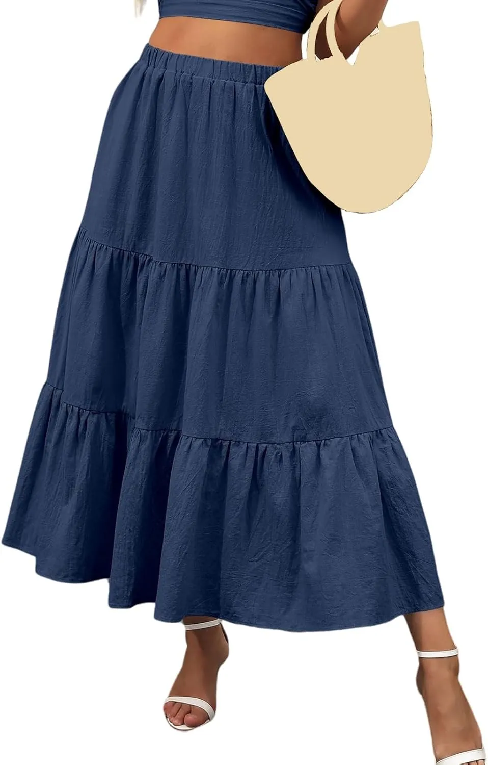 Women's Summer Maxi Skirt Elastic High Waist A-Line Tiered Swing Long Skirts Ruffle Pleated Long Beach Dress