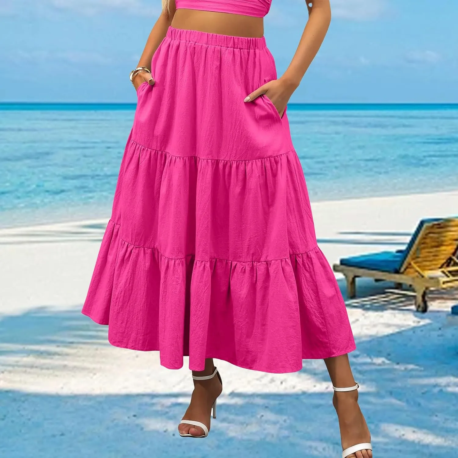 Women's Summer Maxi Skirt Elastic High Waist A-Line Tiered Swing Long Skirts Ruffle Pleated Long Beach Dress