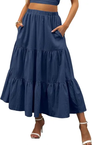 Women's Summer Maxi Skirt Elastic High Waist A-Line Tiered Swing Long Skirts Ruffle Pleated Long Beach Dress