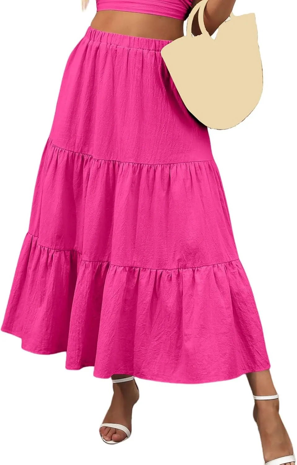 Women's Summer Maxi Skirt Elastic High Waist A-Line Tiered Swing Long Skirts Ruffle Pleated Long Beach Dress