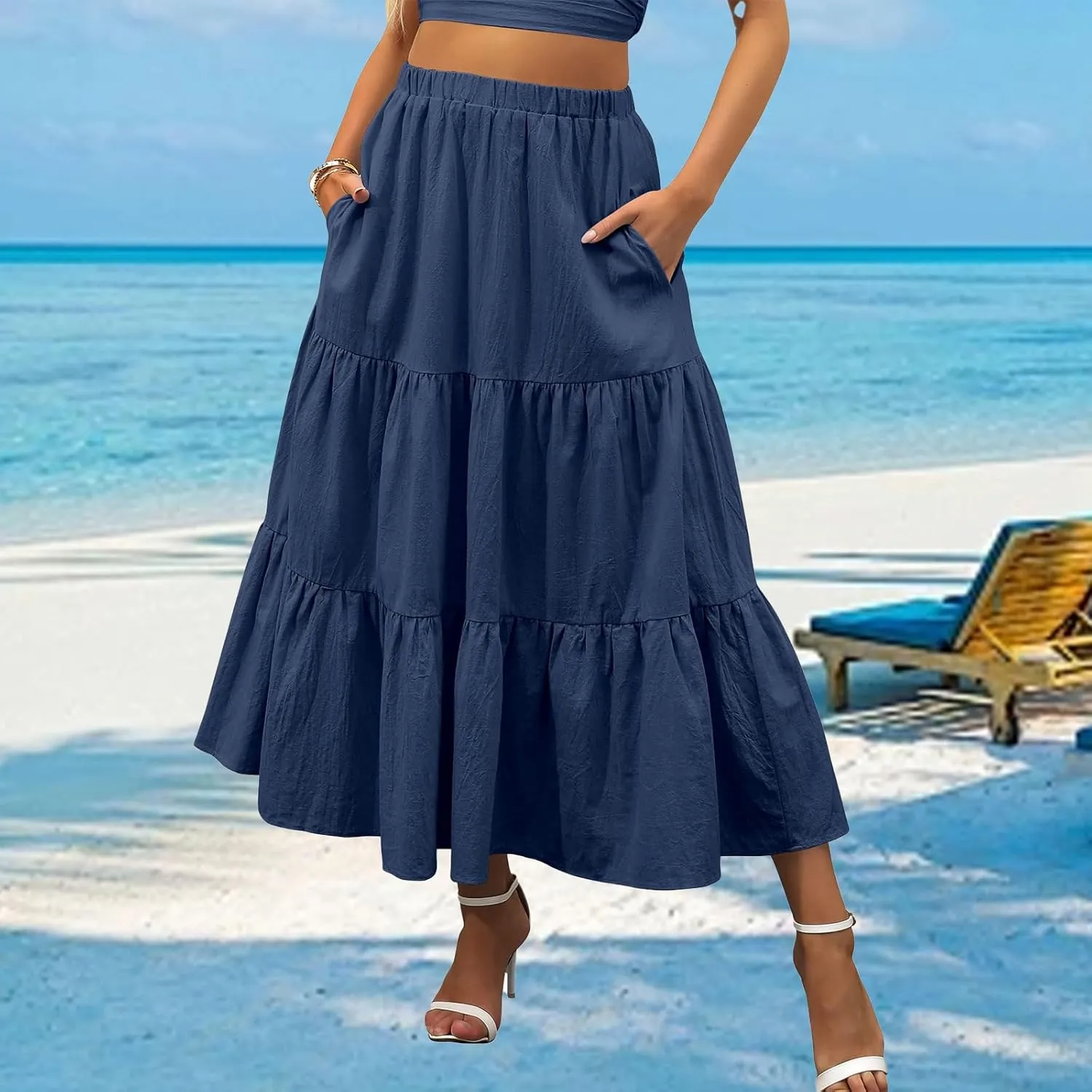 Women's Summer Maxi Skirt Elastic High Waist A-Line Tiered Swing Long Skirts Ruffle Pleated Long Beach Dress