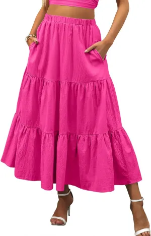 Women's Summer Maxi Skirt Elastic High Waist A-Line Tiered Swing Long Skirts Ruffle Pleated Long Beach Dress
