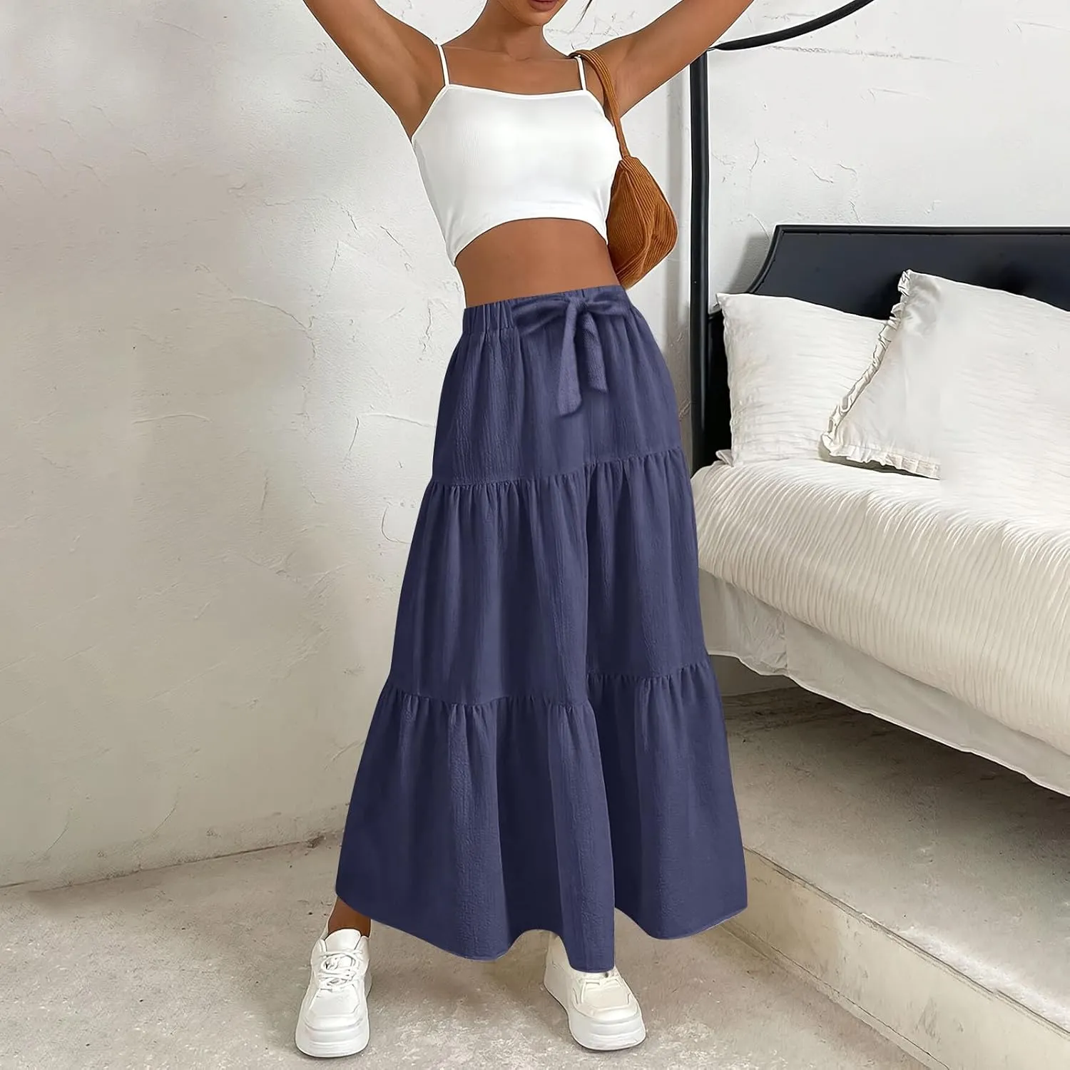 Womens Summer Skirt Beach Maxi Skirt Drawstring High Waisted Pleated Tiered A Line Skirts Trendy Long Flowy Skirts