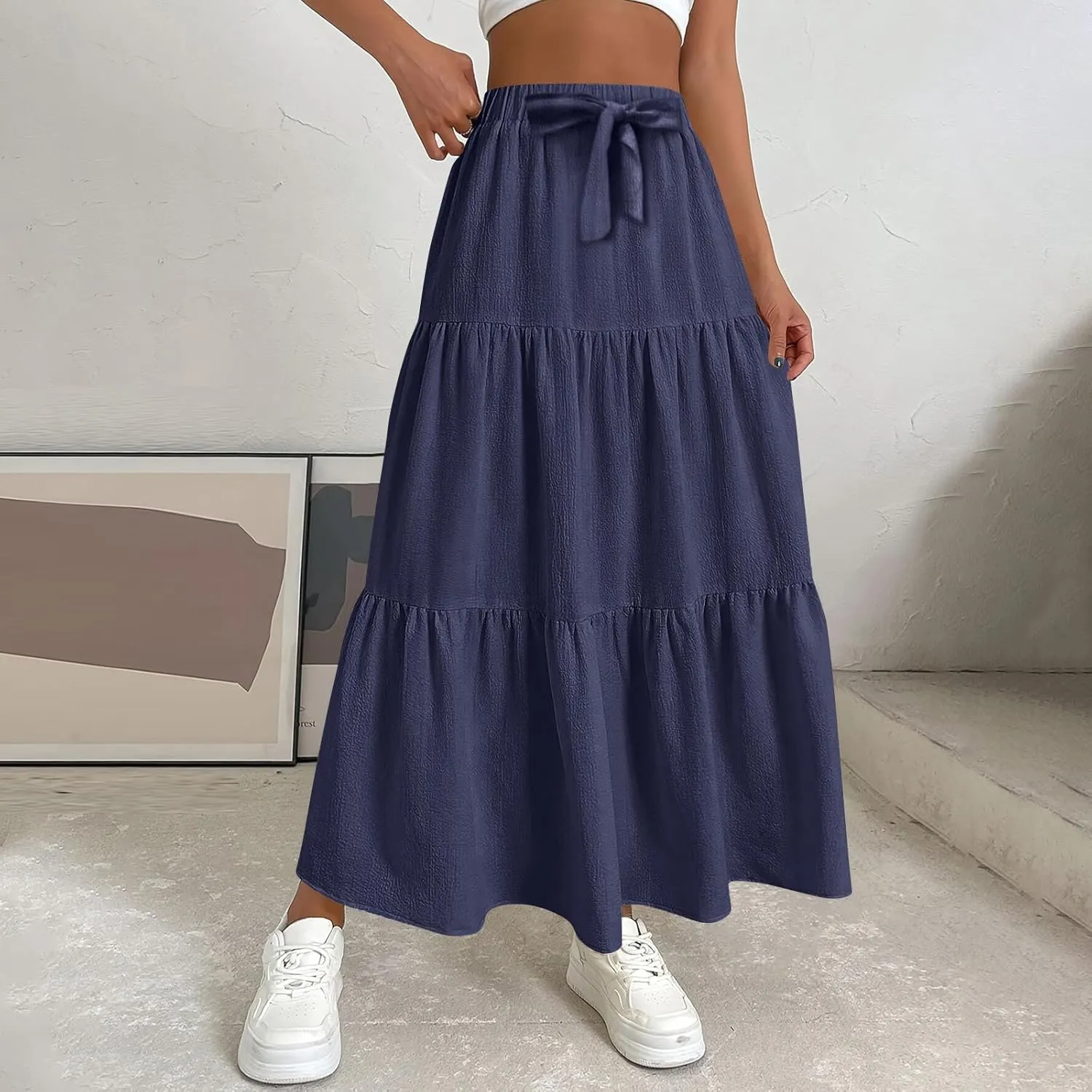 Womens Summer Skirt Beach Maxi Skirt Drawstring High Waisted Pleated Tiered A Line Skirts Trendy Long Flowy Skirts