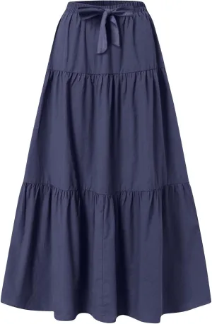 Womens Summer Skirt Beach Maxi Skirt Drawstring High Waisted Pleated Tiered A Line Skirts Trendy Long Flowy Skirts