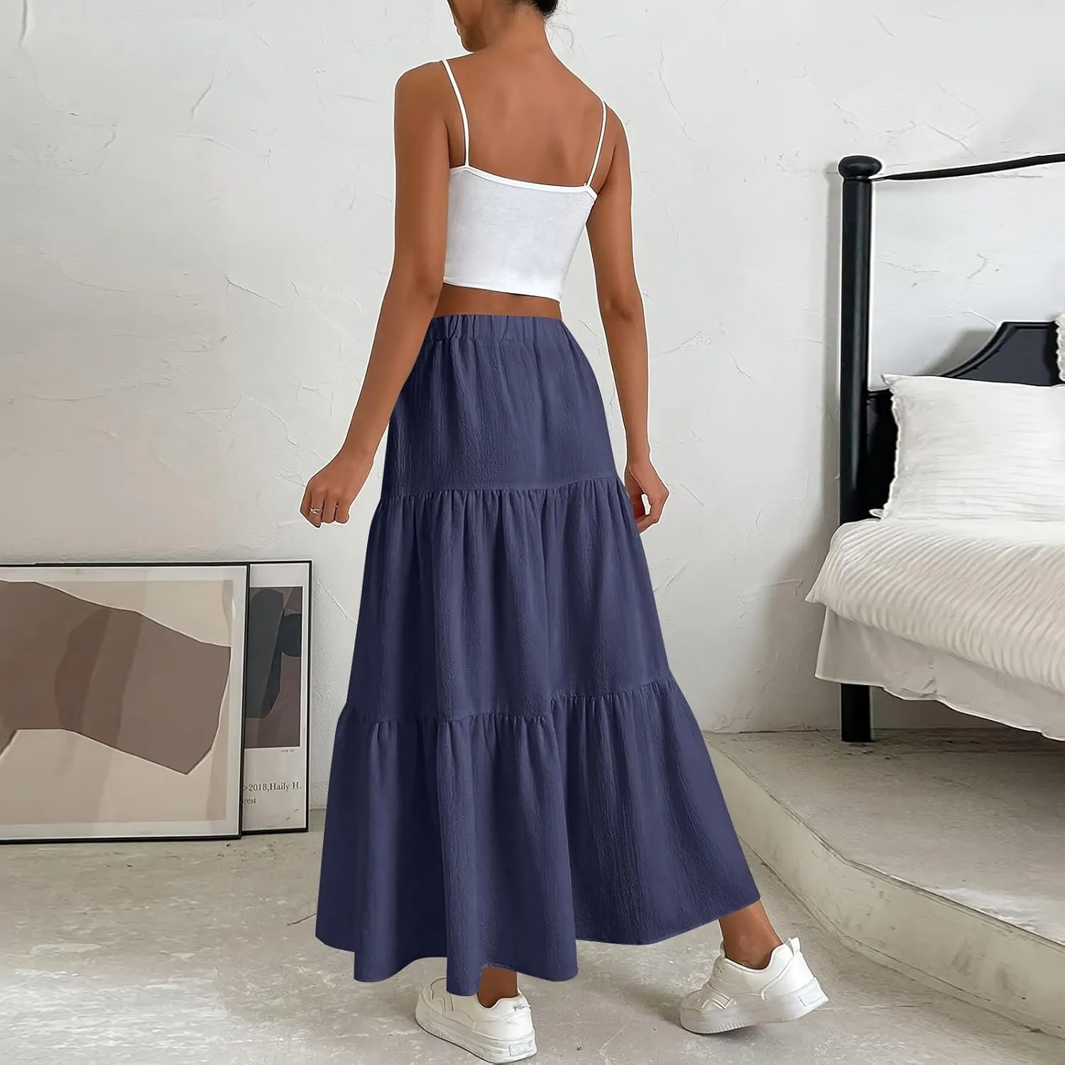 Womens Summer Skirt Beach Maxi Skirt Drawstring High Waisted Pleated Tiered A Line Skirts Trendy Long Flowy Skirts