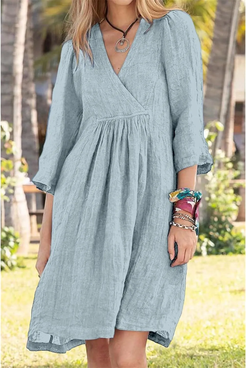 Womens Summer Spring Dresses Casual Cotton Linen V-Neck 3/4 Sleeve Ruffled Flowy Swing Mini Dress Vacation Outfit