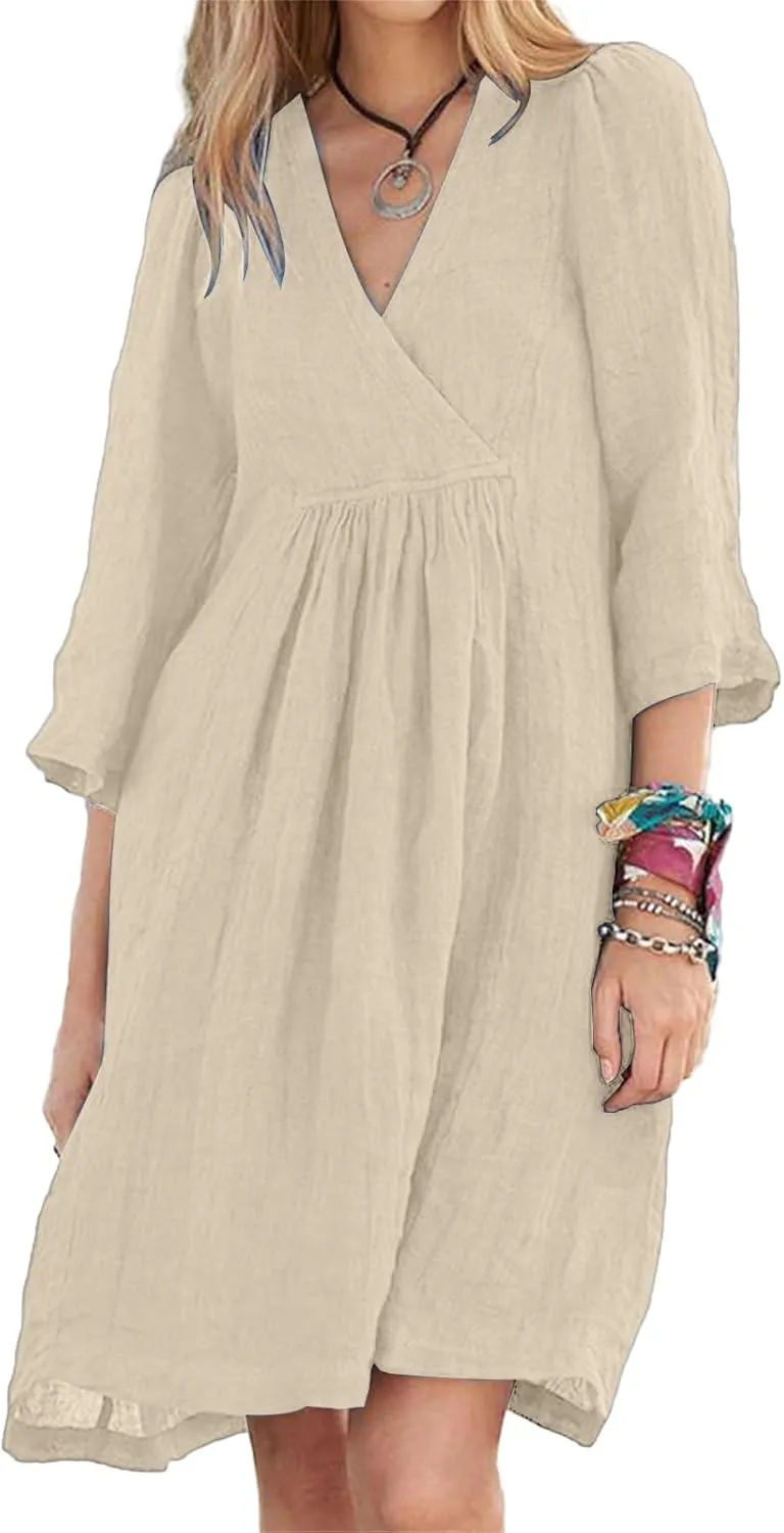 Womens Summer Spring Dresses Casual Cotton Linen V-Neck 3/4 Sleeve Ruffled Flowy Swing Mini Dress Vacation Outfit