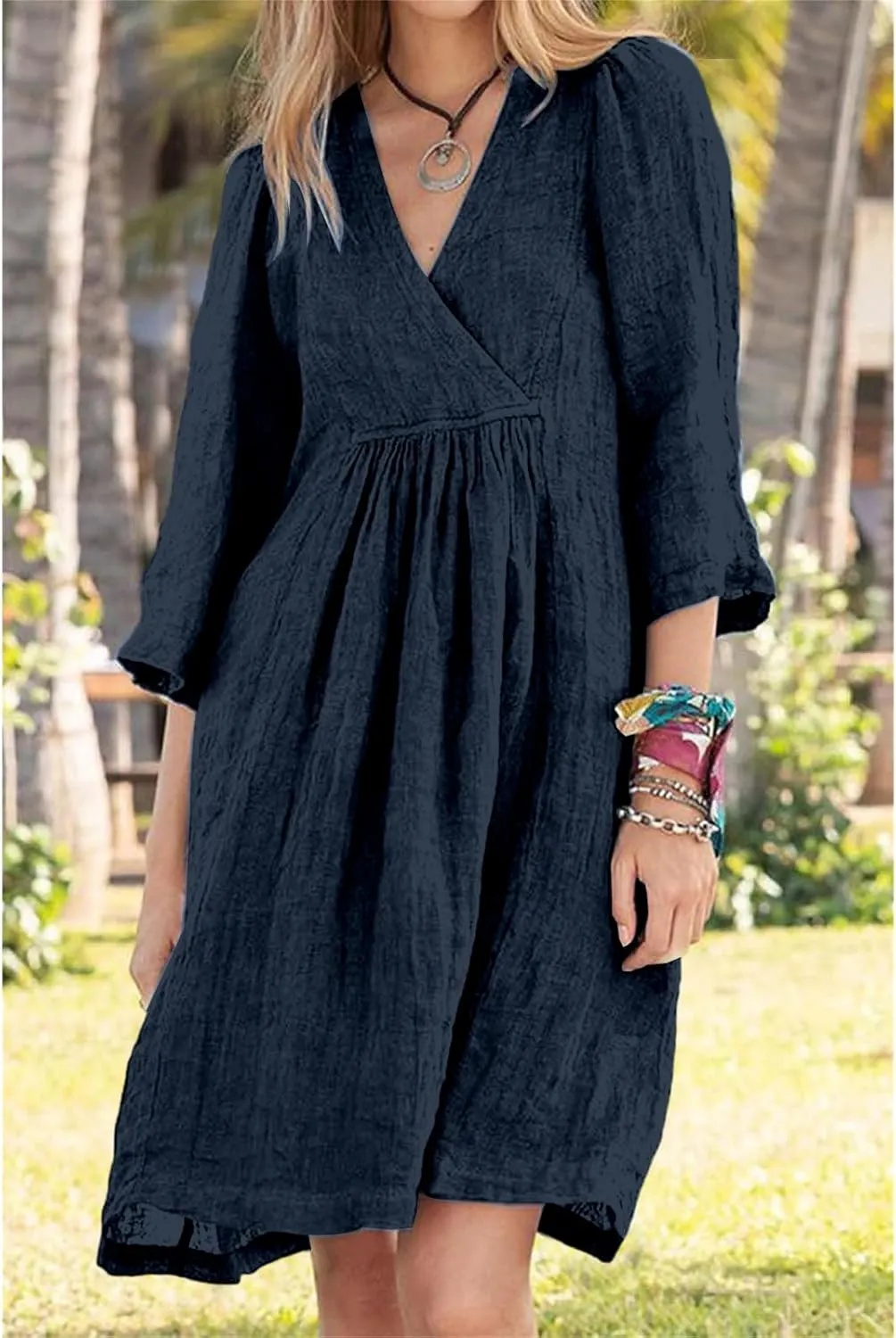 Womens Summer Spring Dresses Casual Cotton Linen V-Neck 3/4 Sleeve Ruffled Flowy Swing Mini Dress Vacation Outfit