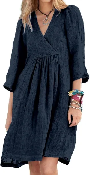 Womens Summer Spring Dresses Casual Cotton Linen V-Neck 3/4 Sleeve Ruffled Flowy Swing Mini Dress Vacation Outfit