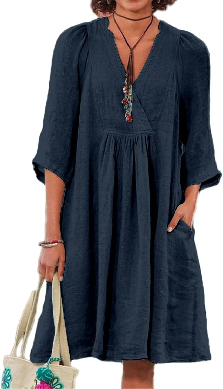 Womens Summer Spring Dresses Casual Cotton Linen V-Neck 3/4 Sleeve Ruffled Flowy Swing Mini Dress Vacation Outfit